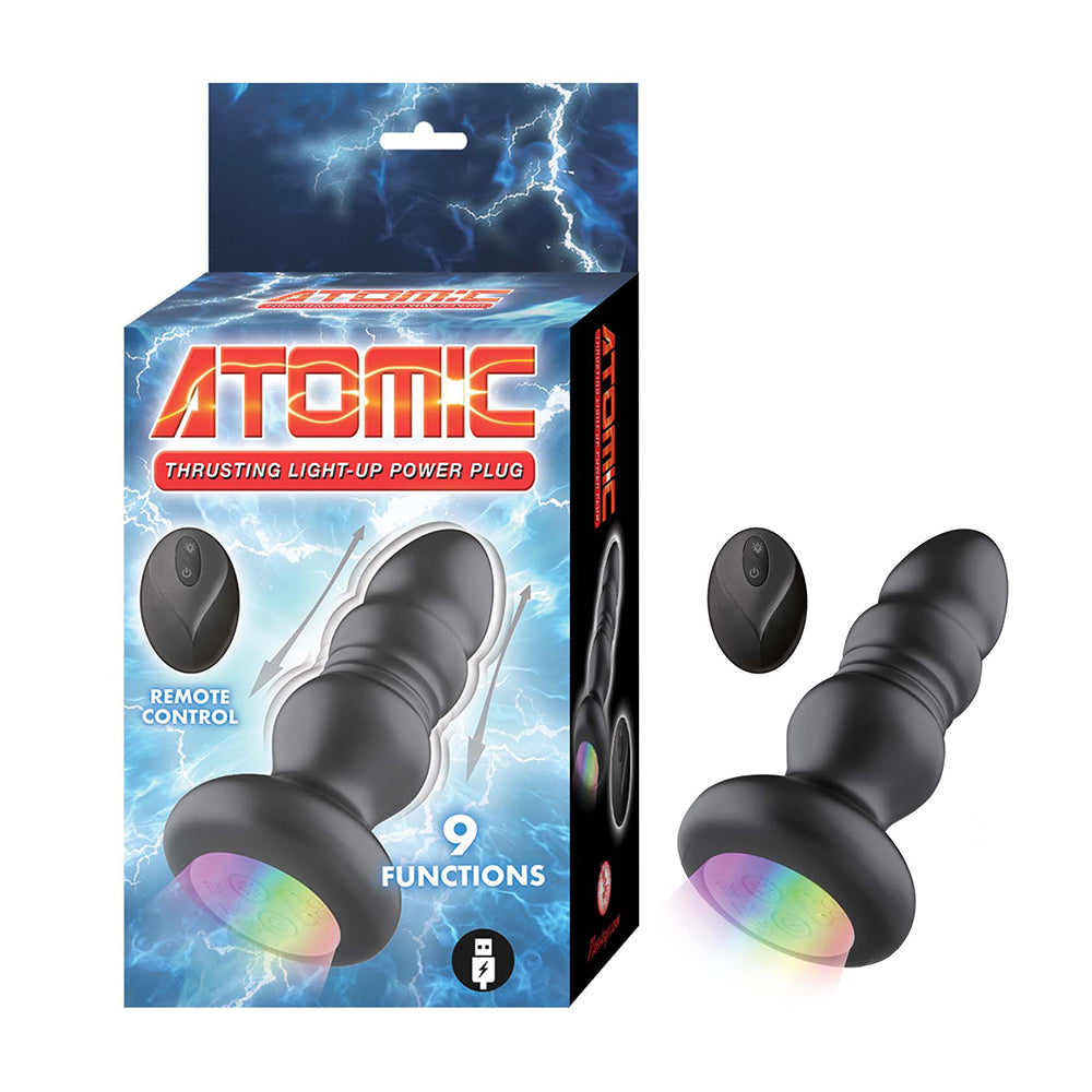 black thrusting light up anal plug,with bulb size texture in remote control, beside box packaging