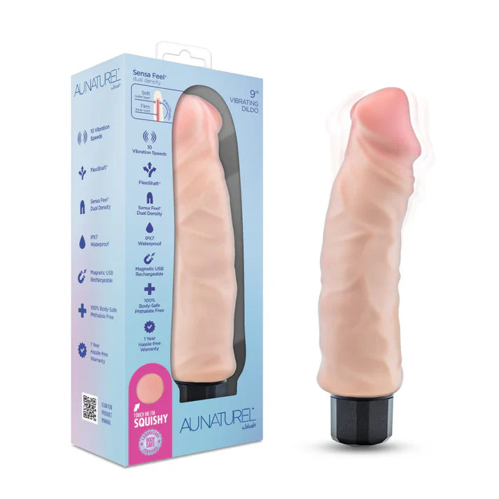 realistic curved head vibrator beside box packaging