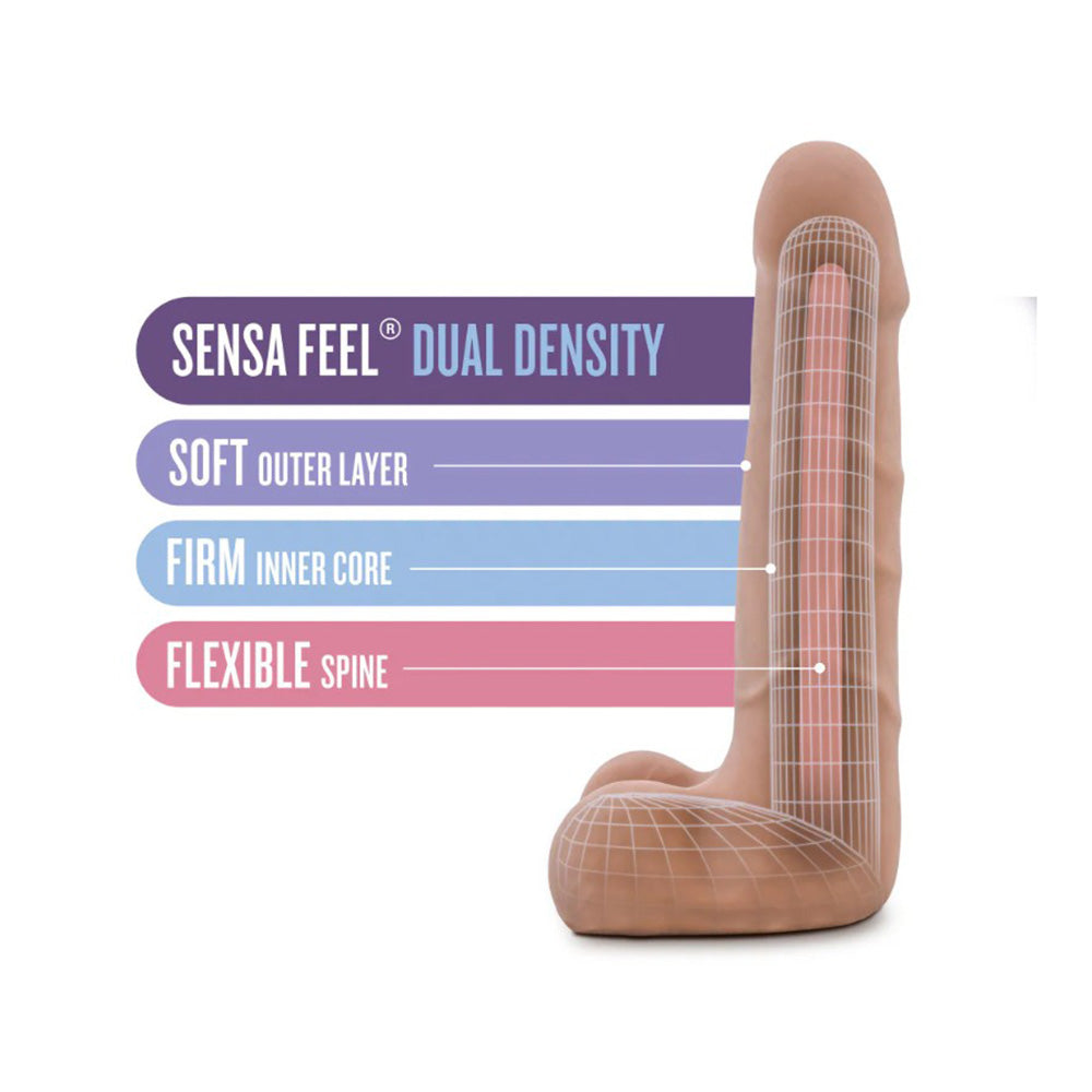 Sensa Feel dual density dildo with labeled layers on a white background