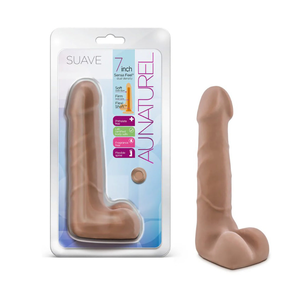 dildo with packaging labeled 'Suave' and 'Au Naturel' on a white background