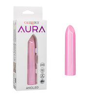 Pink angled personal massager shown next to its white retail packaging box. The box features the brand name 'CALEXOTICS' and product name 'AURA'.