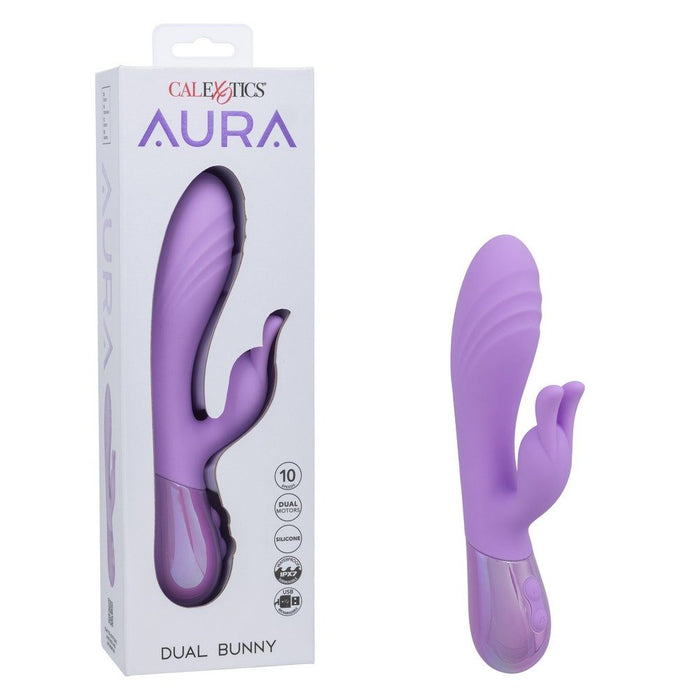 Purple 'Dual Bunny' vibrator with packaging labeled 'Aura' on a white background