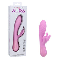 Pink 'Aura' dual flutter butterfly vibrator with packaging on a white background