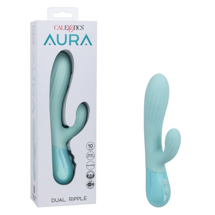 Teal 'Aura' dual ripple vibrator with packaging on a white background