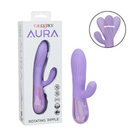 CaleXotics Aura rotating ripple massager in lavender purple, shown next to its white retail packaging box and a circular inset diagram illustrating the g-spot stimulation.