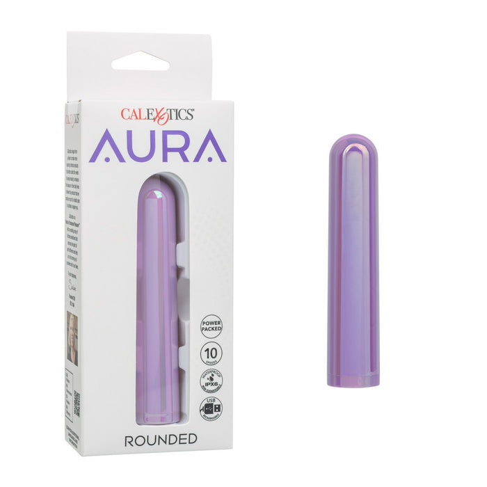 A purple curved vibrator shown next to its white retail packaging box, branded CaleXotics AURA.