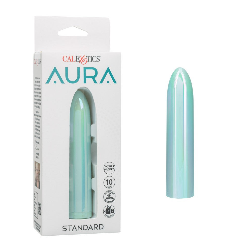 CaleXotics Aura Standard vibrator shown next to its white retail packaging box on a clean white background.