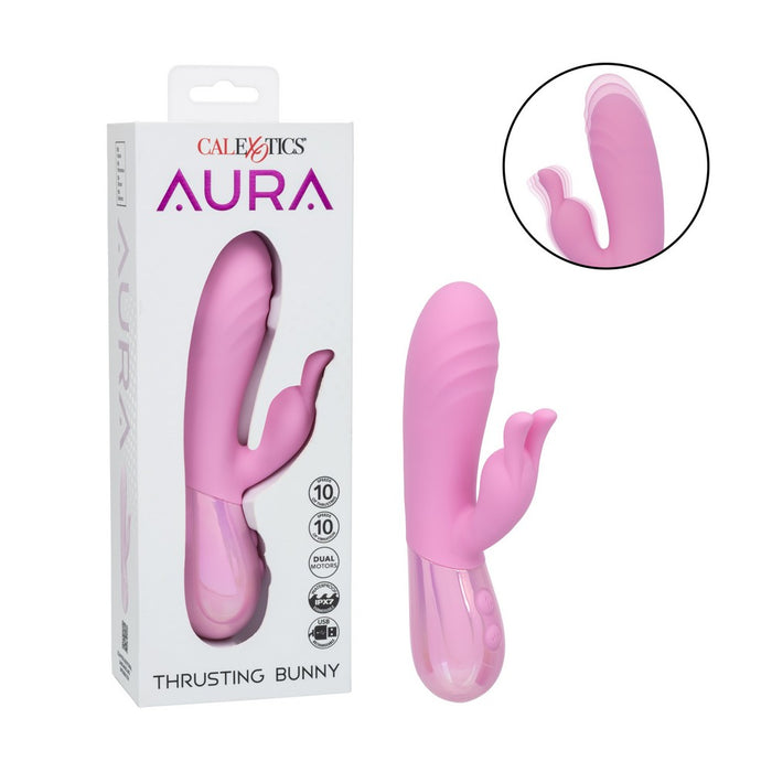 aura pink thrusting bunny vibrator in box packaging