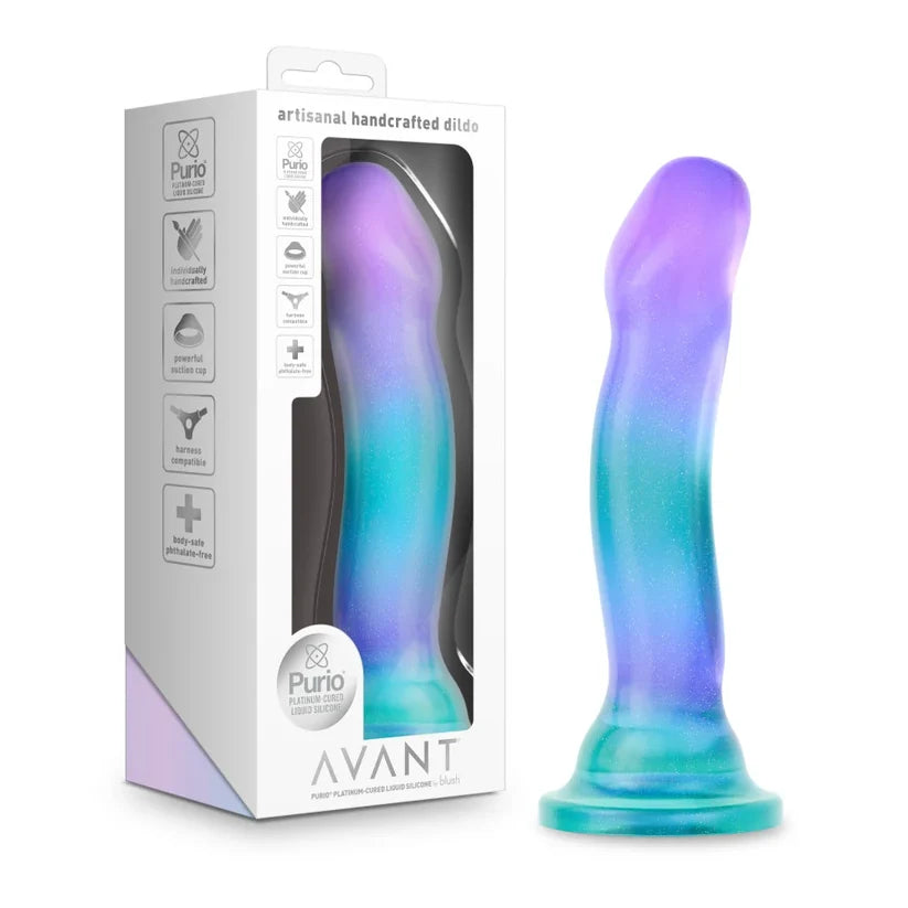 purple, green and blue ombre curved dildo beside box packaging