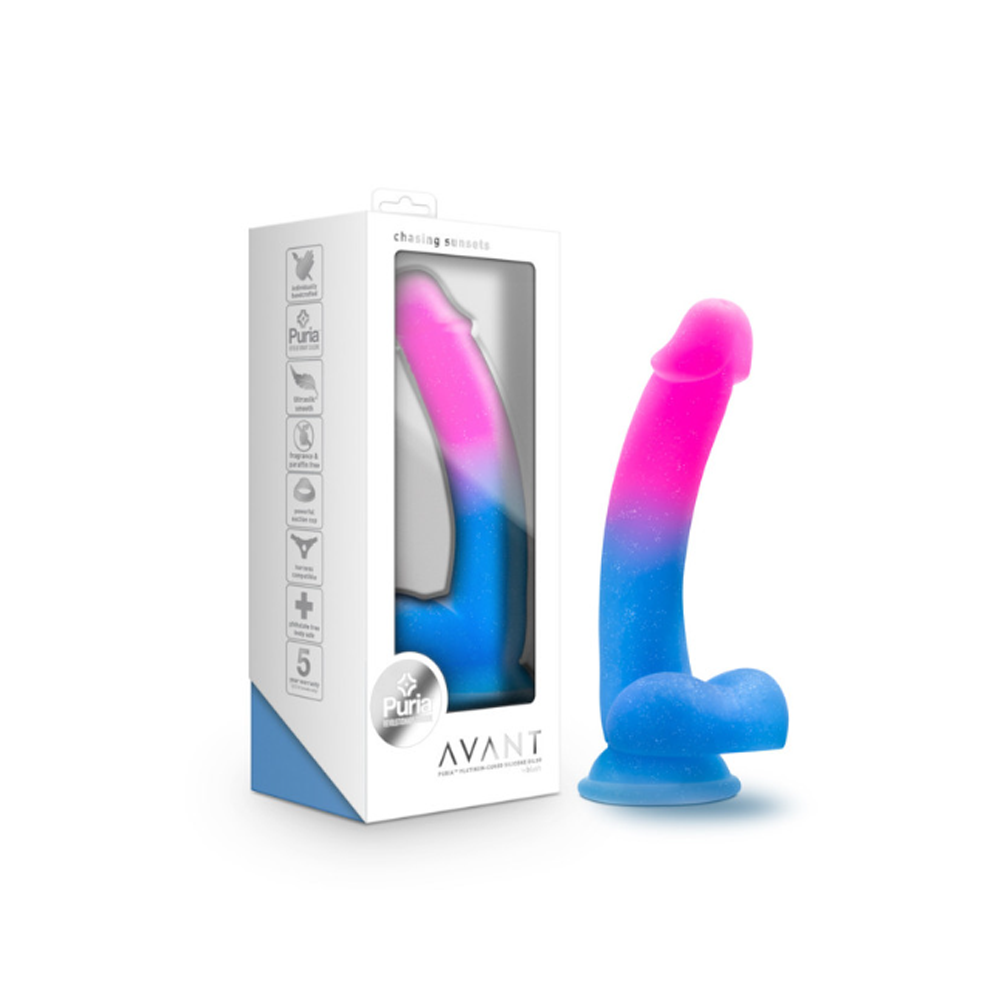 pink & blue dildo with balls beside packaging