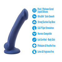 Blue silicone dildo with features listed on a white background