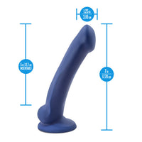 Blue silicone dildo with measurements on a white background