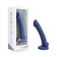 Blue silicone dildo with 'Avant' packaging on a white background