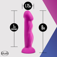 Purple toy with measurements on a white and purple background, featuring the brand 'Blush'.