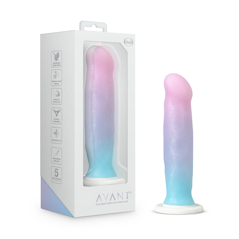 Gradient pink to blue dildo with packaging on a white background