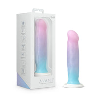 Gradient pink to blue dildo with packaging on a white background