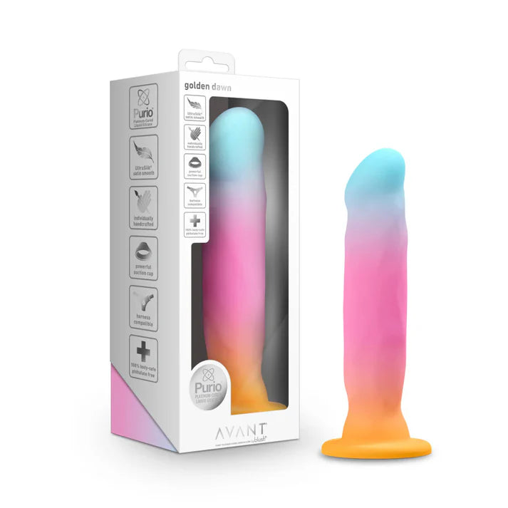 Gradient-colored dildo with packaging on a white background
