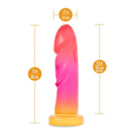A translucent gradient dildo centered on a white background with gold measurement lines and orange circular size callouts showing 7.5 in / 19.