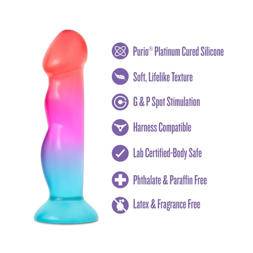 Gradient-colored silicone dildo with features listed on a white background