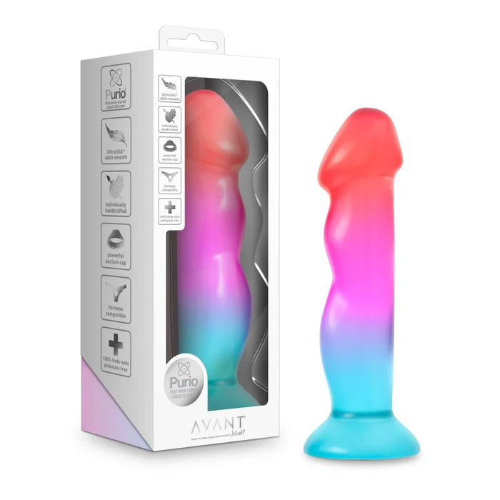 Colorful silicone dildo with gradient design next to its packaging on a white background