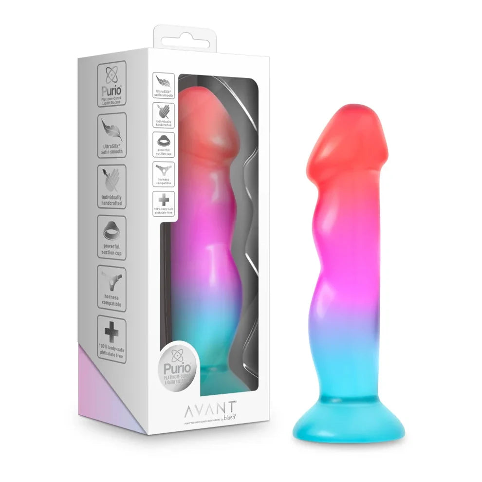 Colorful silicone dildo with gradient design next to its packaging on a white background
