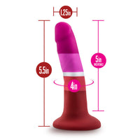 Red and pink silicone dildo with measurements on a white background