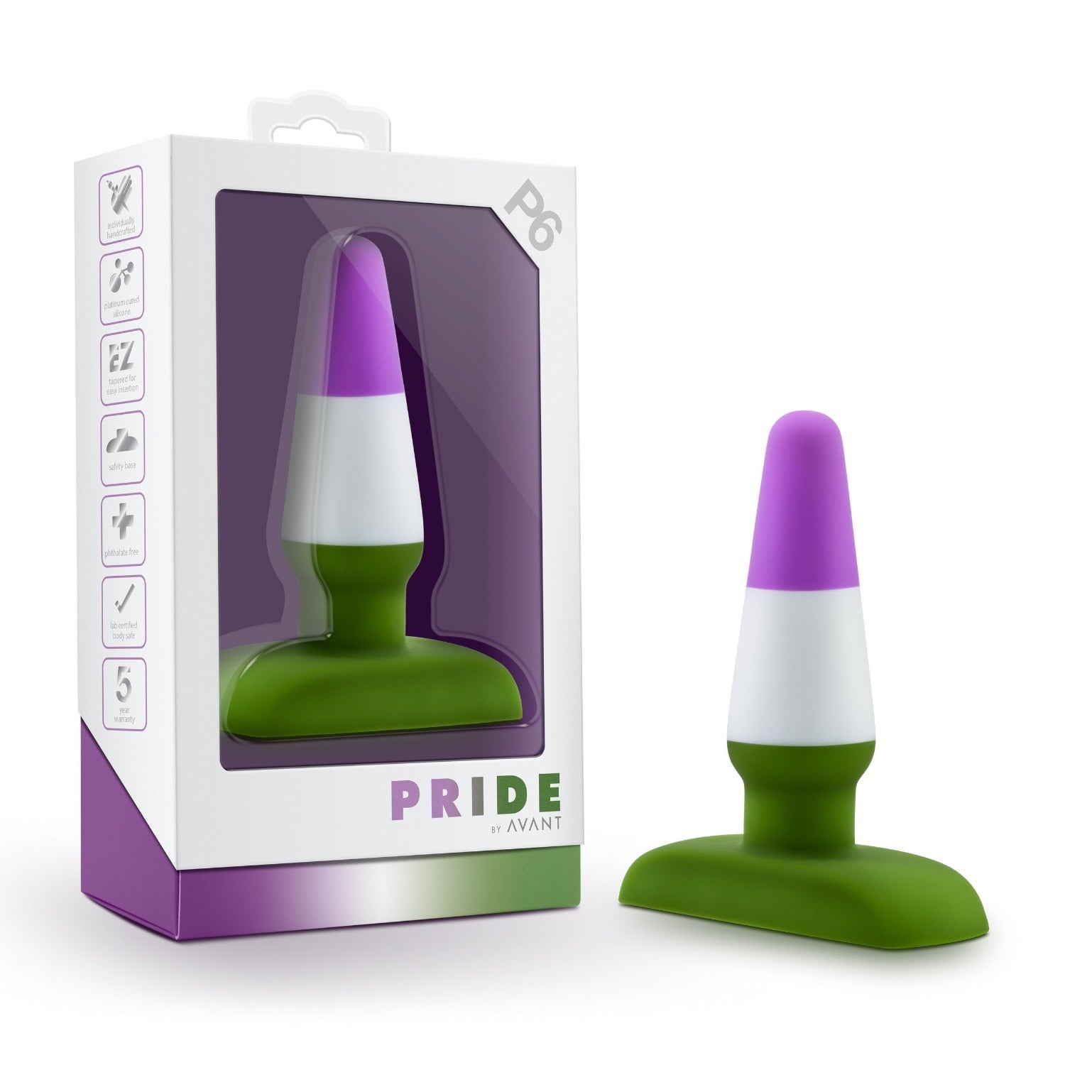 Green and purple anal plug with packaging labeled 'Pride' on a white background
