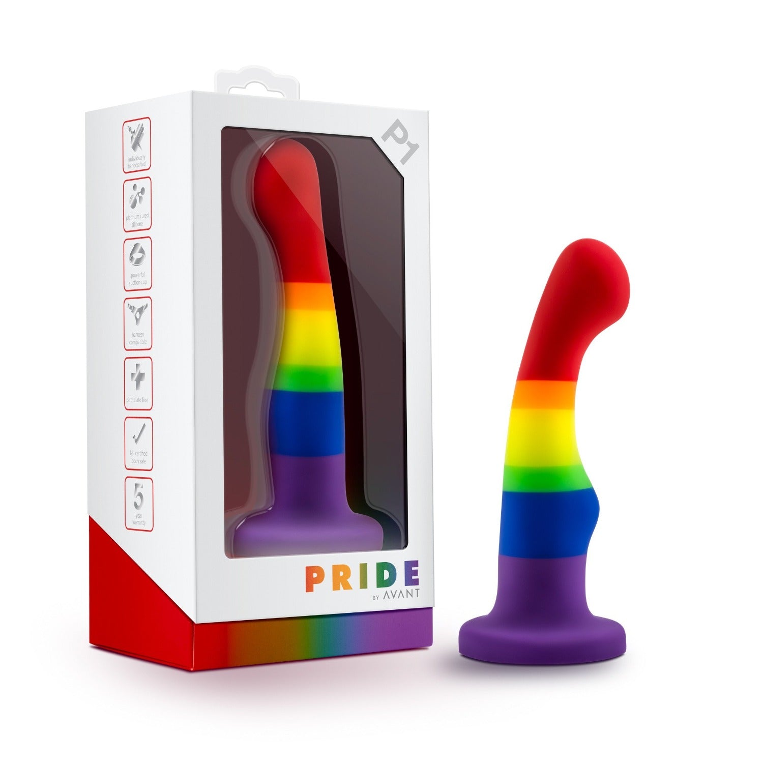 Rainbow-colored silicone dildo with 'Pride' branding on a white background