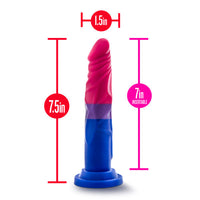 Measurement chart of a pink and blue dildo with dimensions labeled.