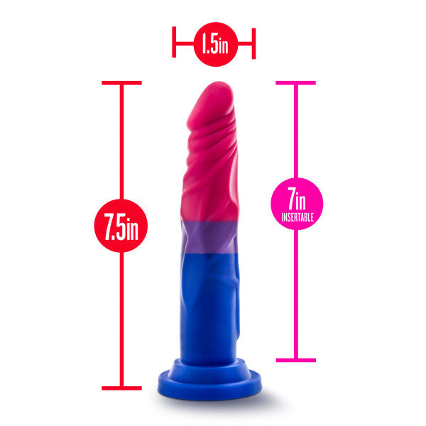 Measurement chart of a pink and blue dildo with dimensions labeled.