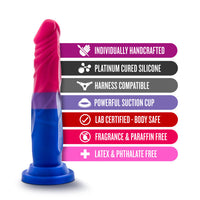 Blue and pink silicone dildo with feature list on a white background