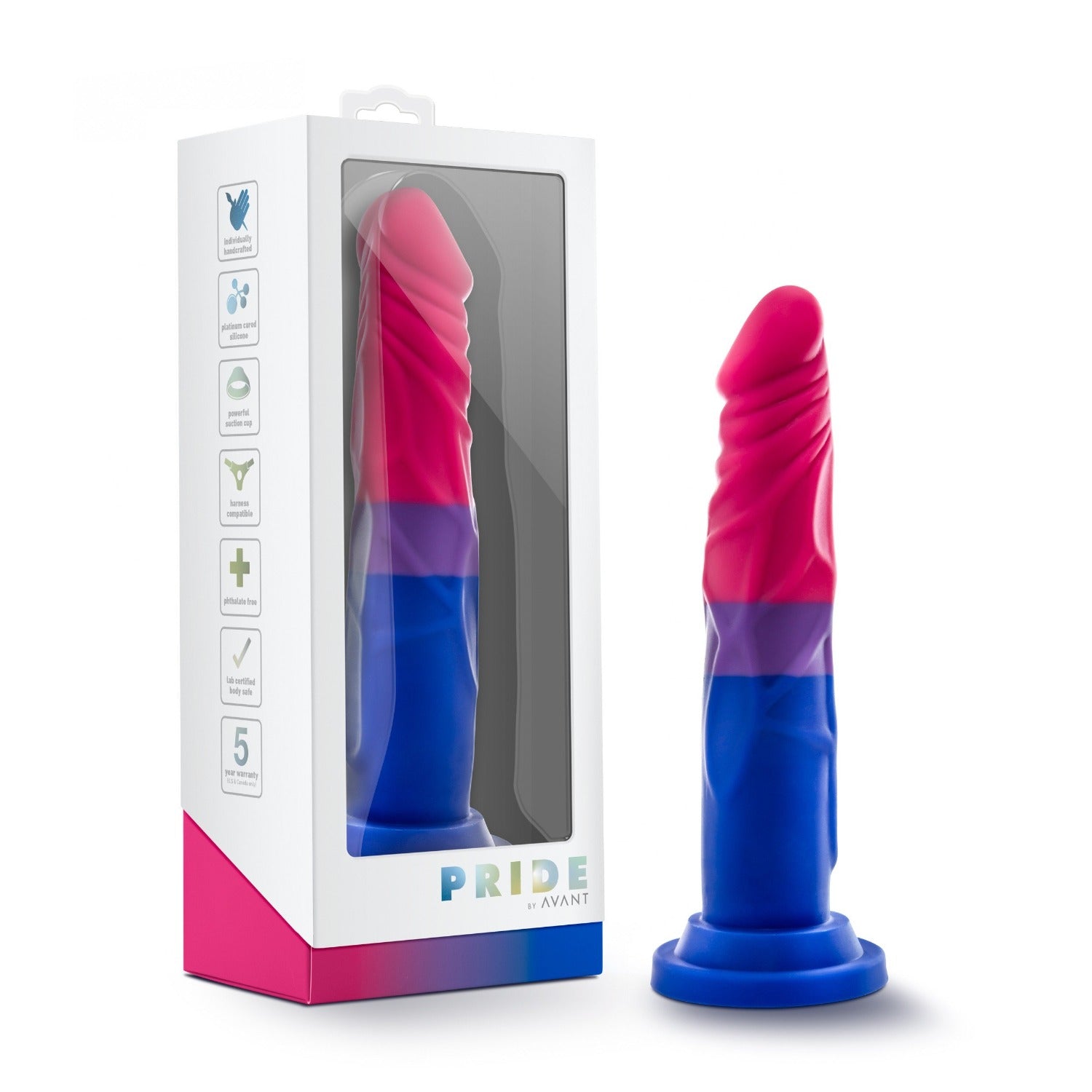 Pink and blue Pride dildo with packaging on a white background