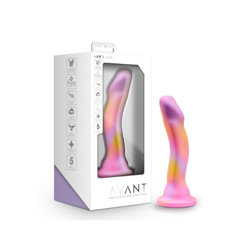 multi colored curved dildo beside box packaging