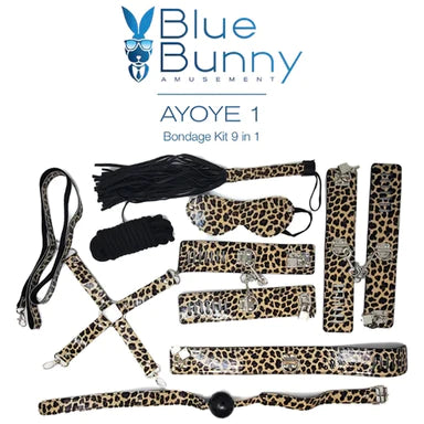 a leopard print bondage kit that includes a gag, a hog tie, a leash, cuffs, rope, a blindfold, a collar and a flogger