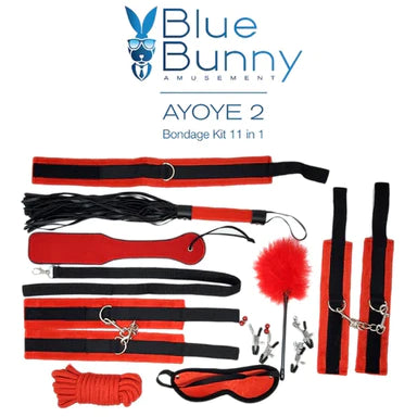 a black and red bondage kit that includes a collar, a flogger, a paddle, a leash, cuffs, rope, blindfold, nipple clamps and a feather tickler