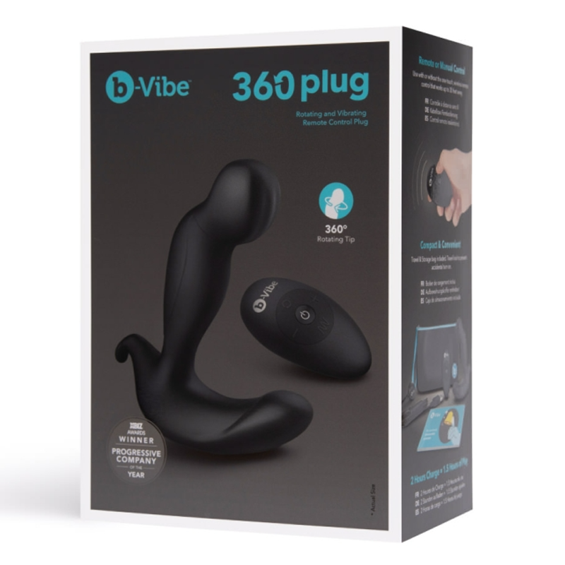 b-vibe vibrating 360 anal plug with remote on box packaging