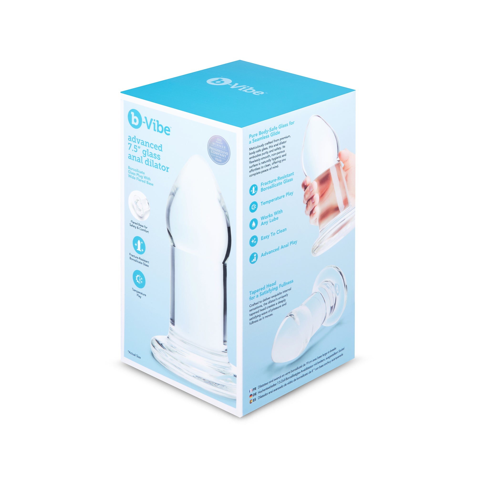 large glass anal dilator plug on box packaging