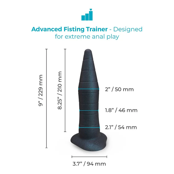 Black advanced fisting trainer with measurements on a white background
