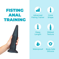 Fisting anal training tool with features listed on a light blue background