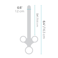 Measurement chart of a tool with dimensions labeled in inches and centimeters on a white background.
