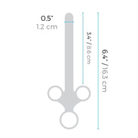 Measurement chart of a tool with dimensions labeled in inches and centimeters on a white background.