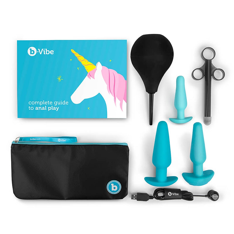 Vibe product set with blue and black items on a white background