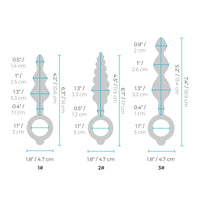 Measurement chart of three different sizes of anal plugs with dimensions labeled.