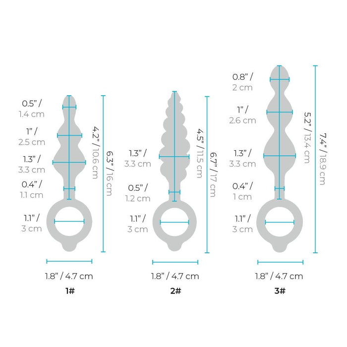 Measurement chart of three different sizes of anal plugs with dimensions labeled.