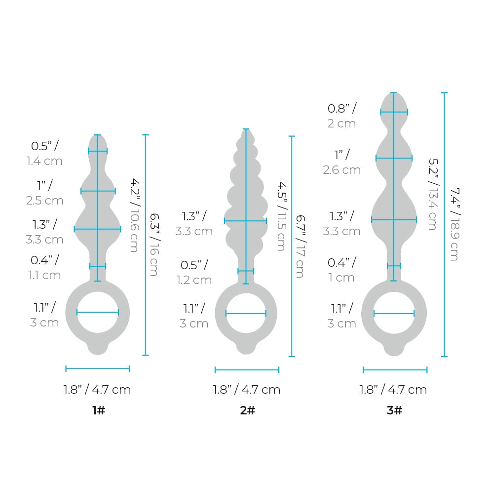 Measurement chart of three different sizes of anal plugs with dimensions labeled.