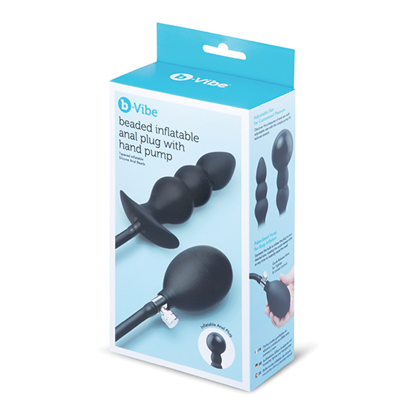 black inflatable anal plug with bulb pump on box packaging