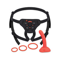 orange dildo with 3 rings, black harness