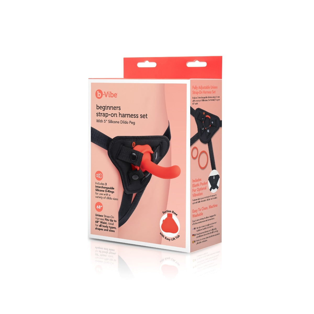 orange and black strap on dildo and harness, on box packaging