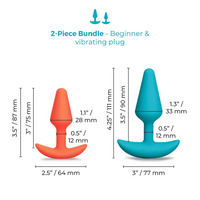 2 anal plugs in orange and blue, size chart