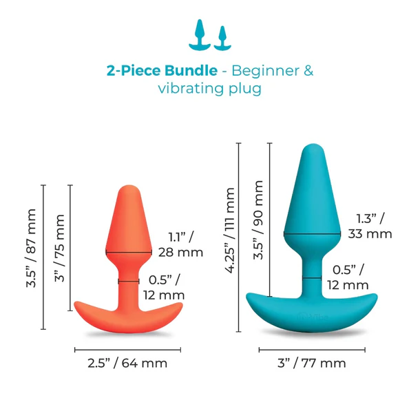 2 anal plugs in orange and blue, size chart
